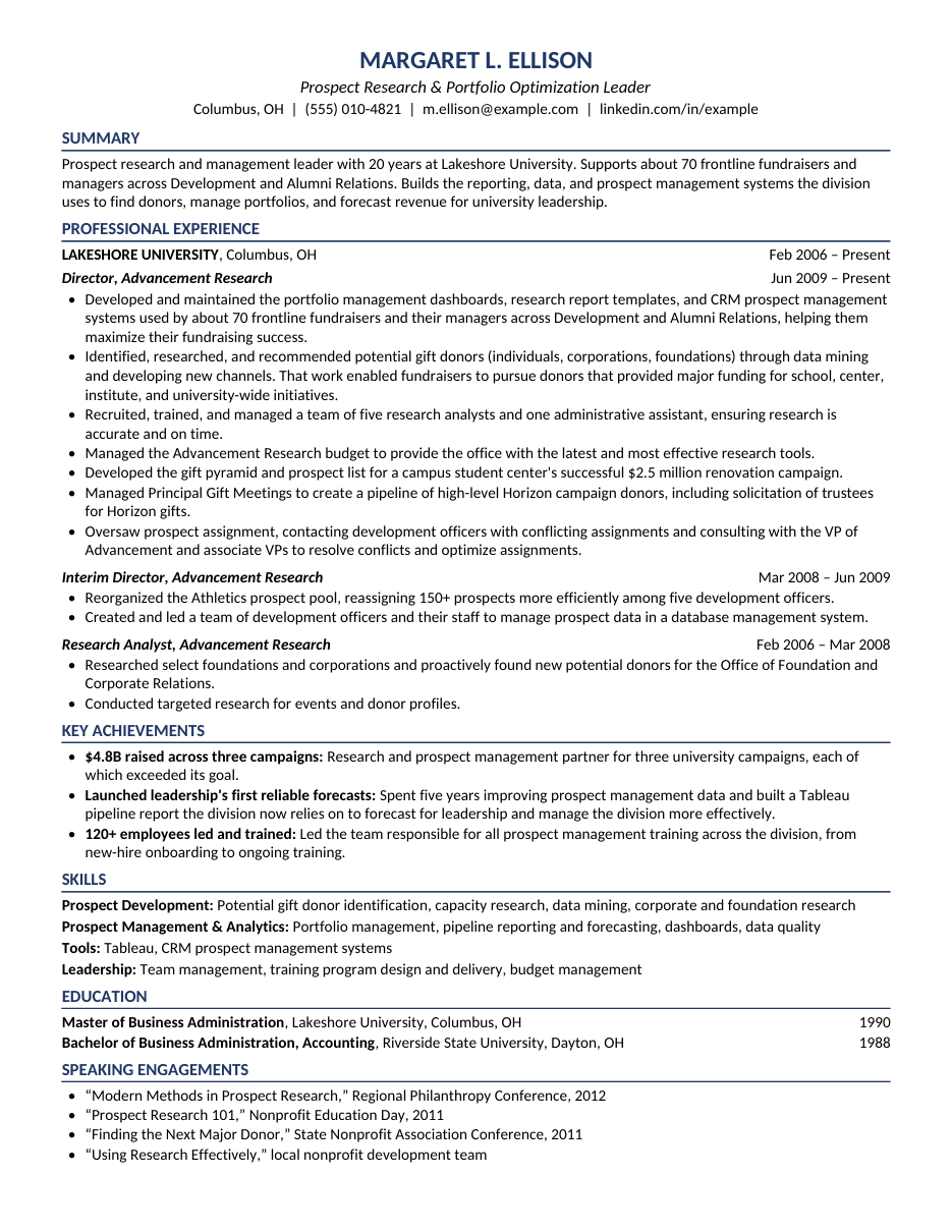 Page one of a sample resume for a prospect research and portfolio optimization leader, with summary, three roles at one employer, key achievements, skills, education and speaking engagements.