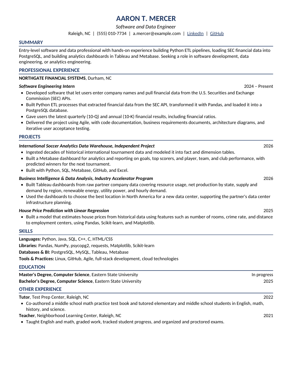 Page one of a sample resume for an entry-level software and data engineer, with summary, internship experience, projects, skills, education and tutoring work.